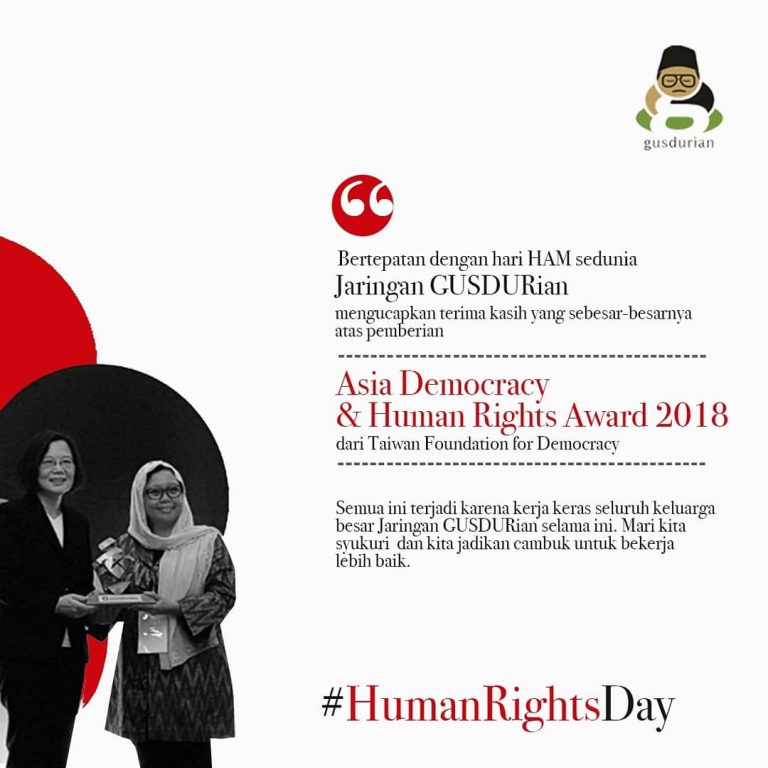 Kerja untuk Masyarakat, Jaringan Gusdurian Dianugerahi Asia Democracy and Human Right 2018